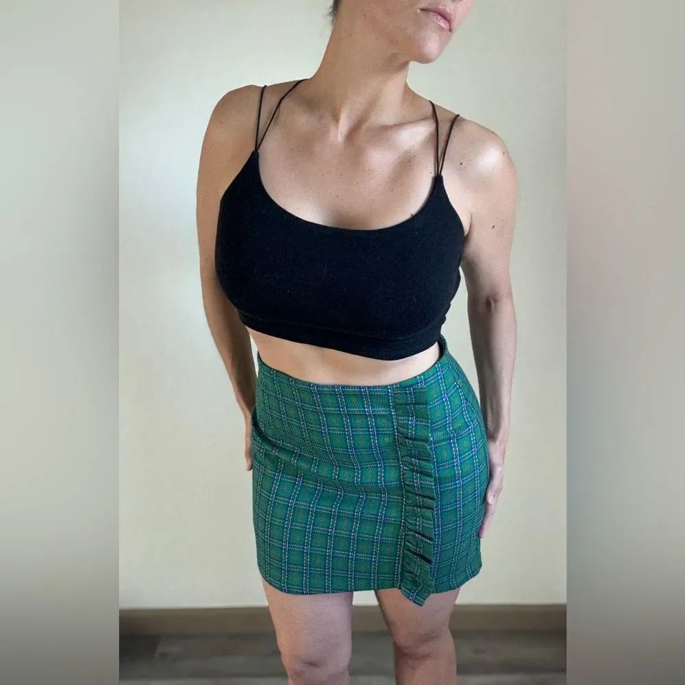TOPSHOP Green Plaid Ruffle Mini Skirt US 8 Preppy Flirty